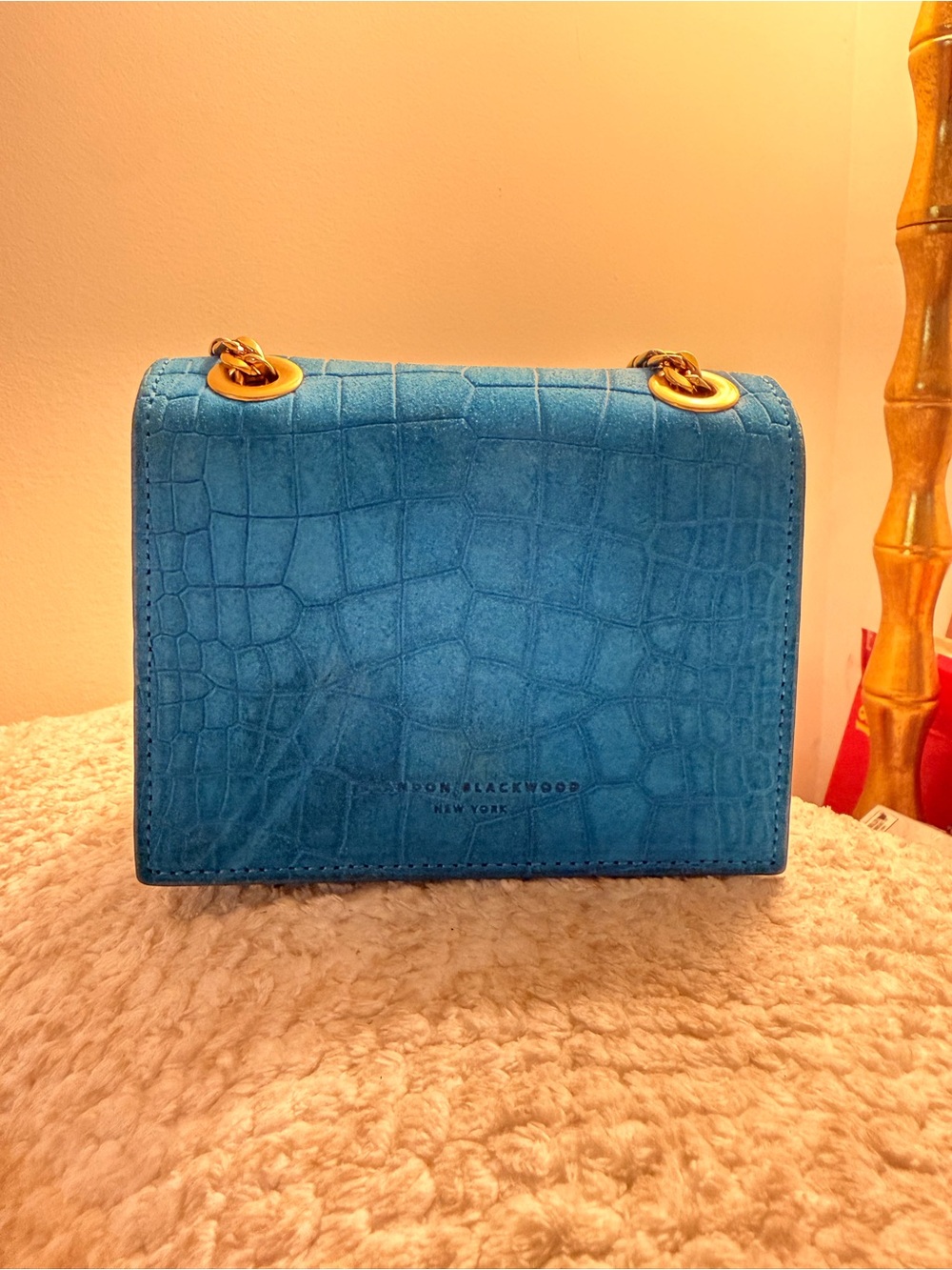 Brandon Blackwood Teal Croc-Embossed Shoulder Bag with Gold Chain Hardware